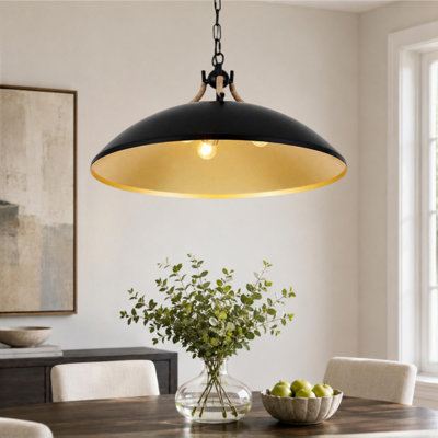 22" 3-Light Modern Black Metal Dome Pendant with Rope Accents
