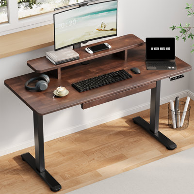 Height Adjustable Electric Standing Desk With Solid Wood Desktop And Monitor Stand, 47X23.6 Inches Whole-Piece Board Rectangle Stand Up Desk, Memory C