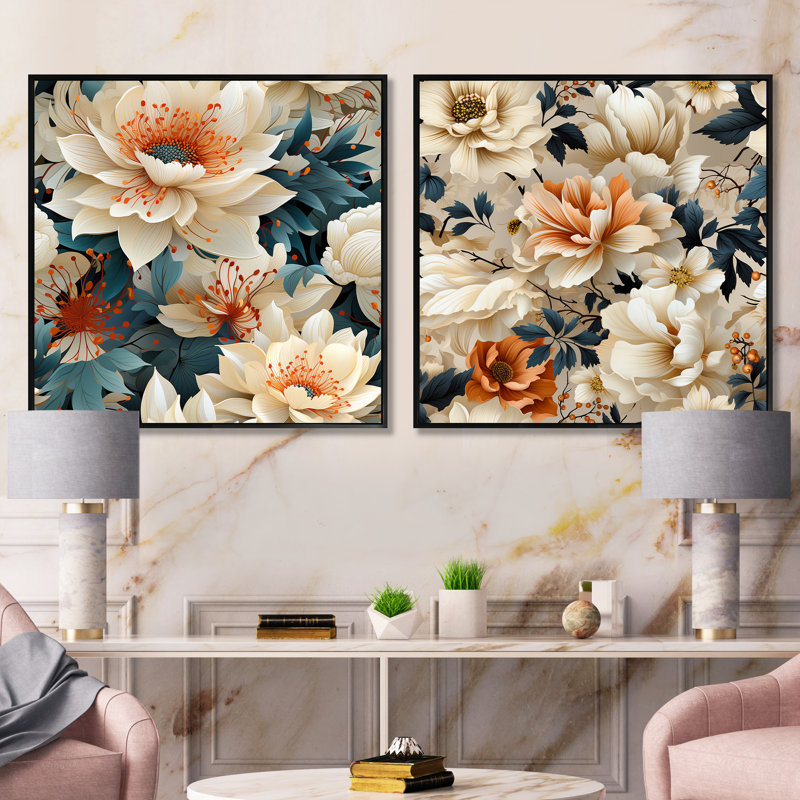 Brecon - Ensemble de 2 collages carrés floraux, Cadre flottant noir, H 16 po x l 33 po