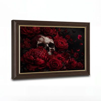 Impression sur toile, crâne humain foncé gothique entouré de roses rouges