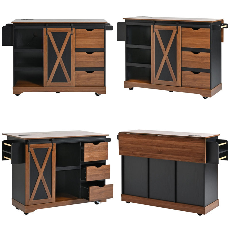 55.5'' Farmhouse Kitchen Island With Drop Leaf, Storage, Power Outlet & Wheels - Ideal For Home, Kitchen & Dining Room?