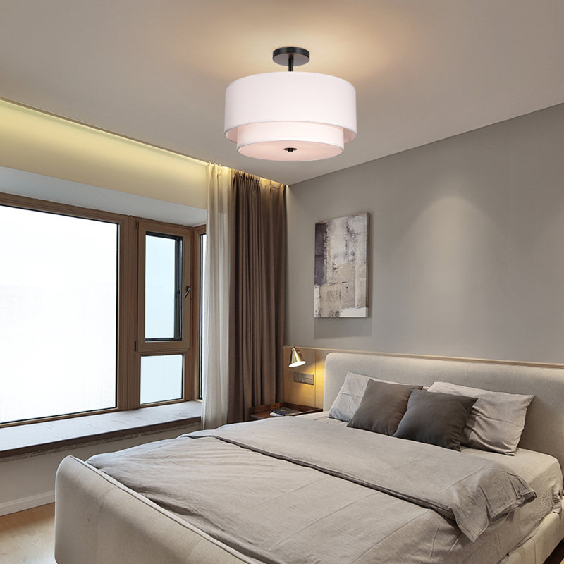 Plafonnier semi-encastré en lin 3 lumières 12,6 "avec abat-jour tambour Farbic pour chambre à coucher