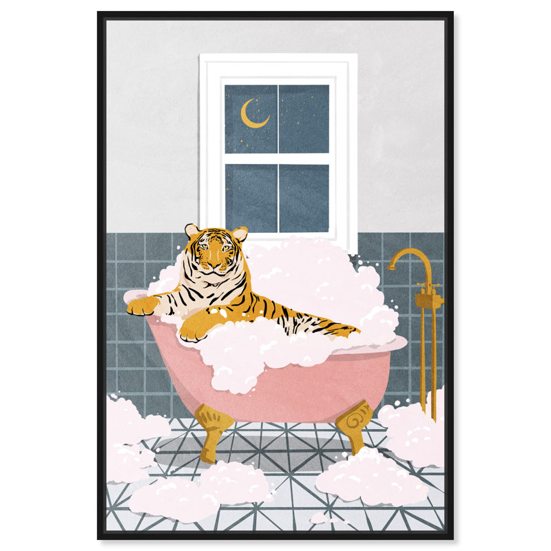 Bath Bath Tiger - peinture à cadre flottant sur toile, H 24 po x l 16 po, Cadre noir
