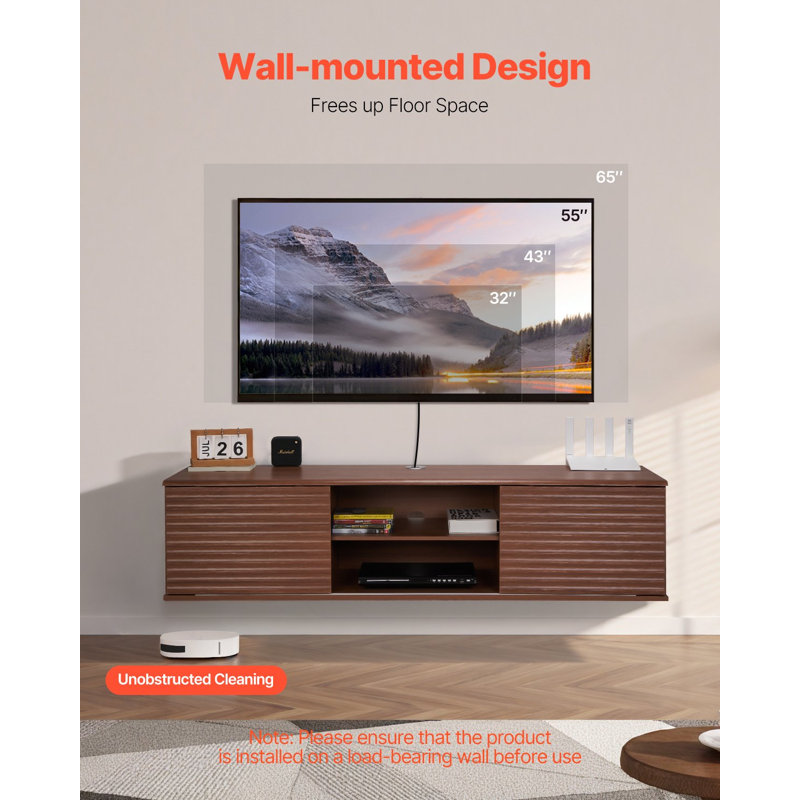 Meuble télé flottant, meuble télé mural de 60 po avec tablette réglable et portes coulissantes, tablette télé flottante à 2 niveaux avec armoire de rangement pour lecteur DVD, boîte de câble, console de jeu, noyer