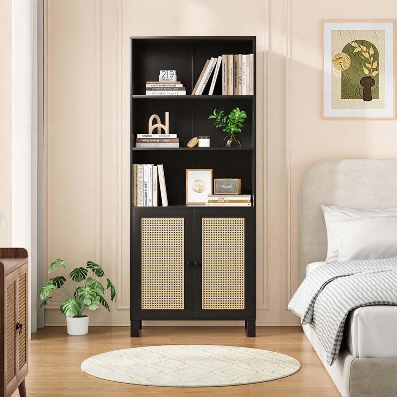 Bibliothèque avec portes en rotin, 5 tablettes de rangement en bois, Noir