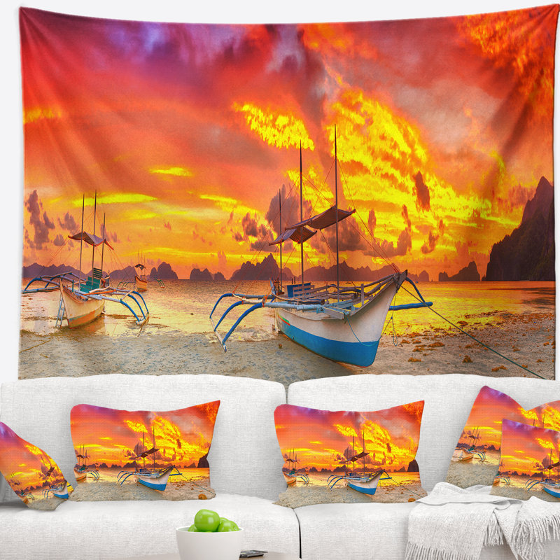 Bateau de paysage au coucher du soleil panorama tapisserie, H 32 po x l 39 po