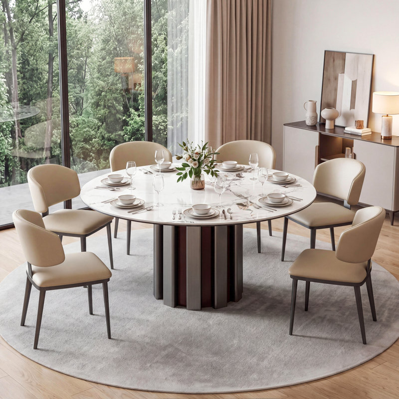 Table de salle à manger ronde de 150 cm (59 po) en pierre frittée blanche avec pied central, pouvant accueillir de 8 à 10 personnes