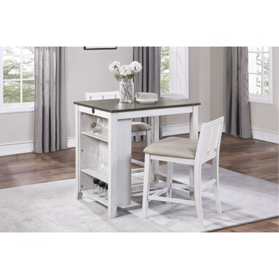 Ensemble de 3 tables à hauteur de comptoir de style transitionnel avec finition blanche et grise avec tablettes USB et 2 chaises à hauteur de comptoir rembourrées en tissu