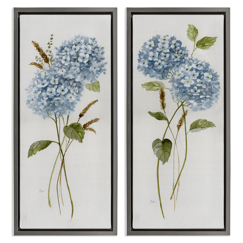 Blue Hydrangea Long Stems, H 31 po x l 15 po, Cadre flottant gris lustré