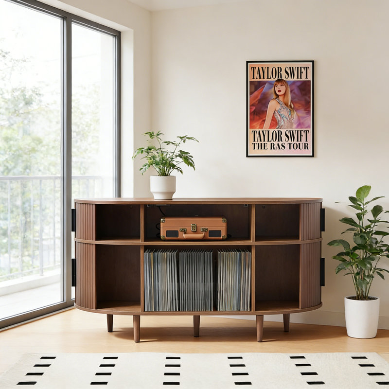 Large Record Player Stand,Wood Vinyl Record Storage Cabinet With Charging Station And USB Ports,