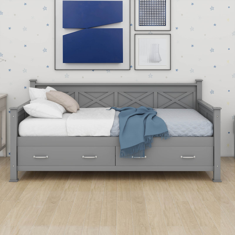 Lit de jour simple avec tiroirs de rangement, lit de jour en bois avec cadre en forme de X, style décontracté rustique moderne