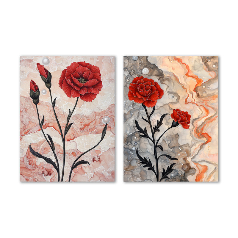«Blooming Melody of Carnation on Geode», ensemble d'art mural en métal sur jardin - imprimé sur métal, 32" H x 48" W