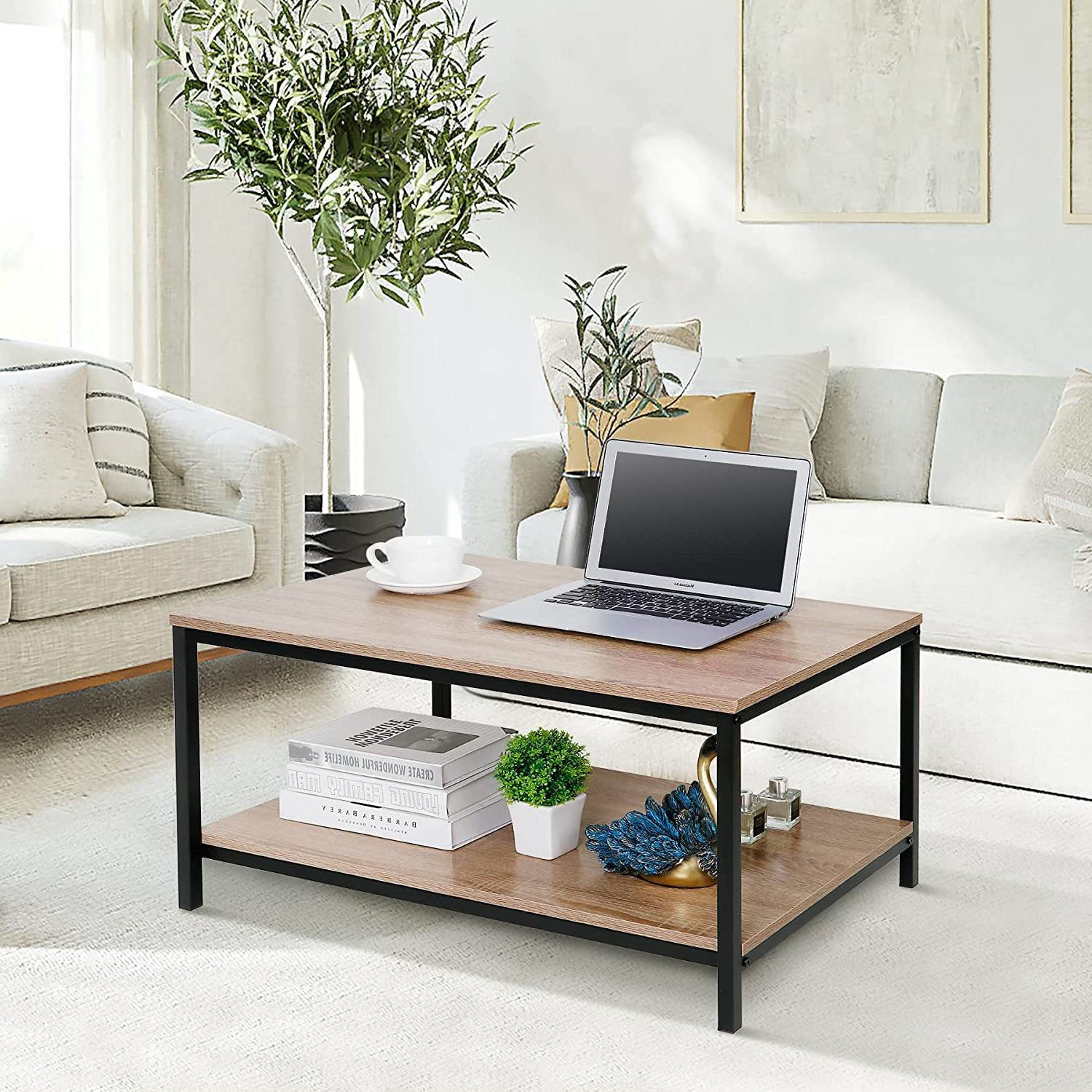 17 Stories Modern 2-Tier Metal Wooden Coffee Table in Natural Wood ...