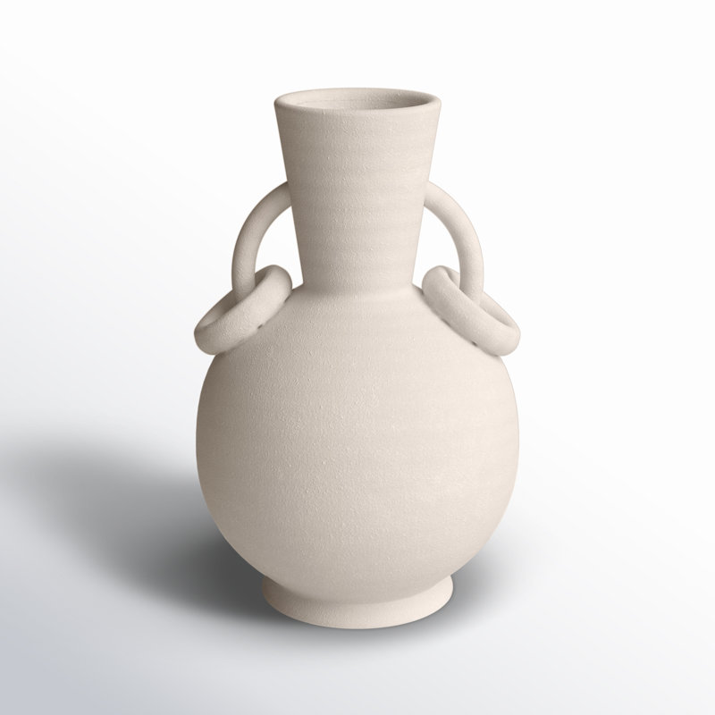 Ceramic Textured Decorative Vase with Ring Handles, Cream
