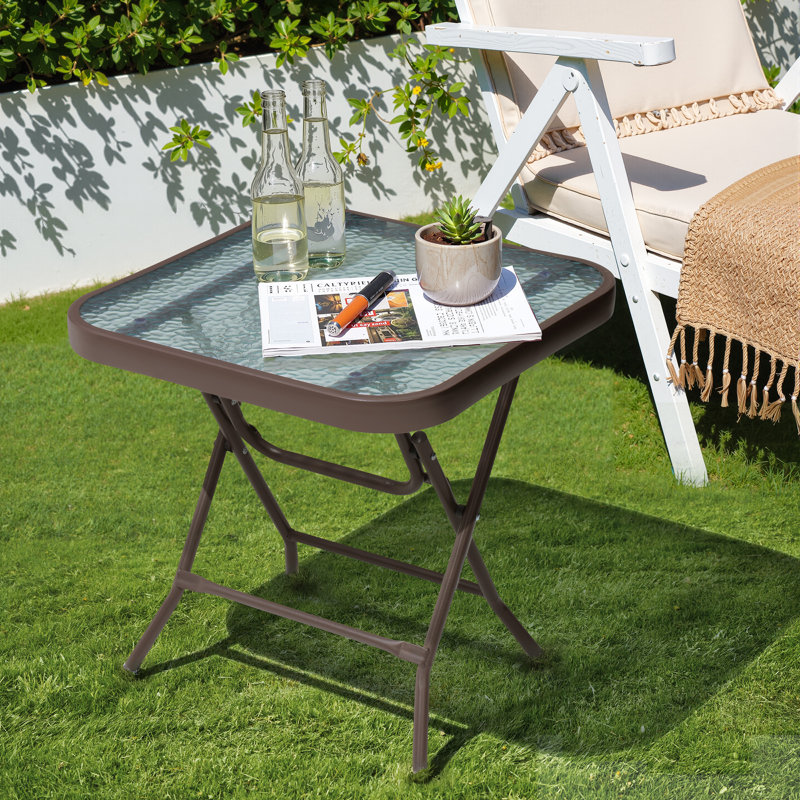 Square Glass Outdoor Folding Side Table, Brown