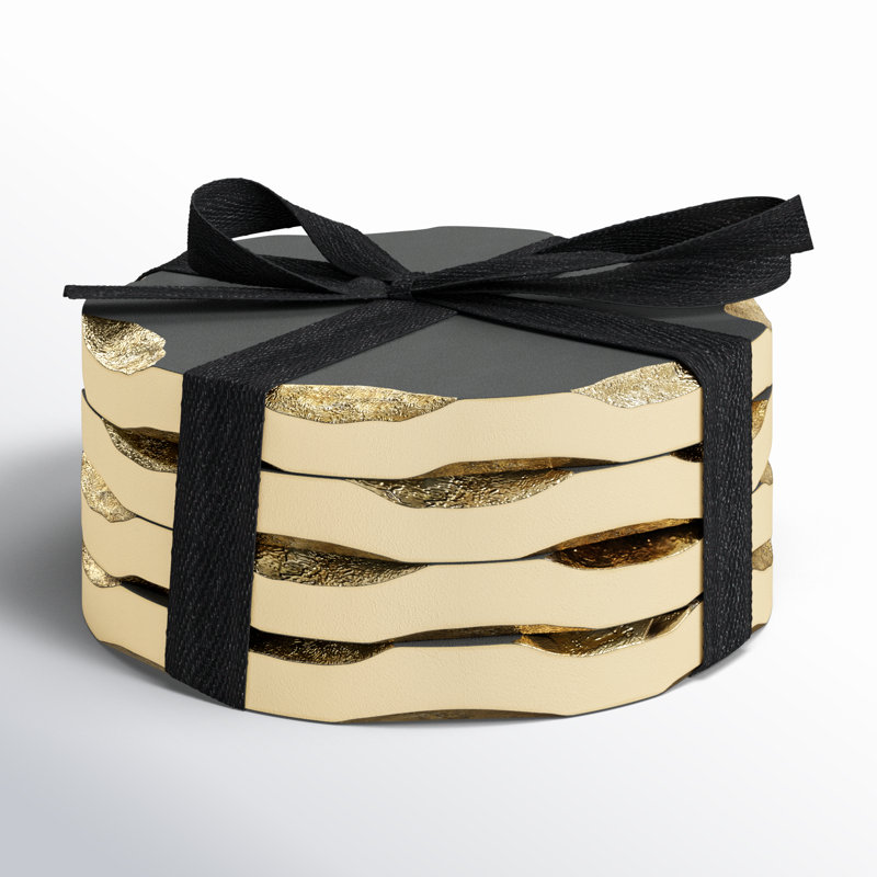 Edica Marquise Raw Edge Marble Coaster Set, Black/Gold