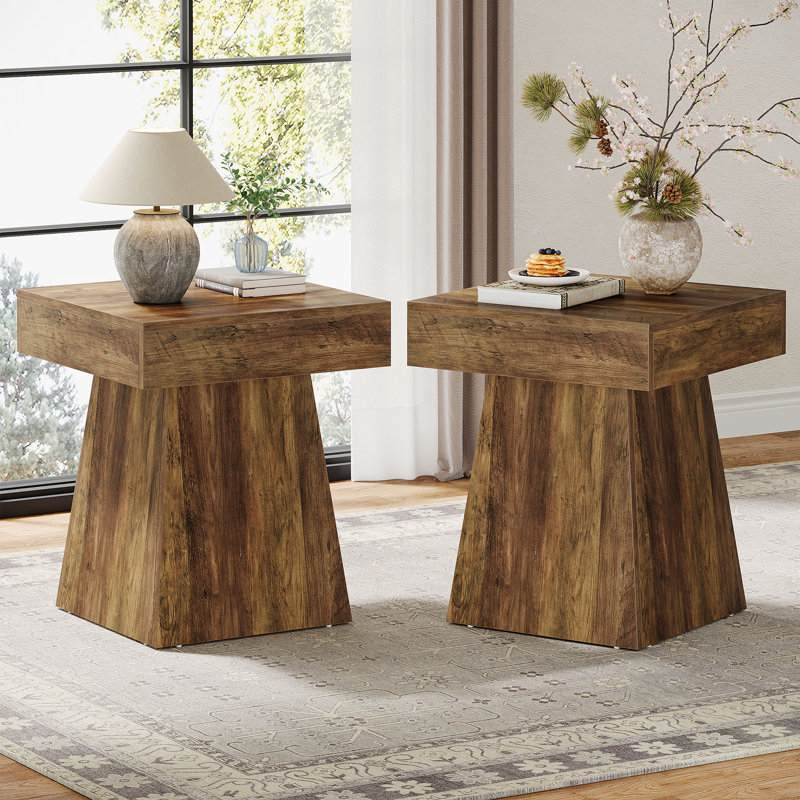 Small Square End Table For Sofa, Couch Side Table Living Room, 2, Brown
