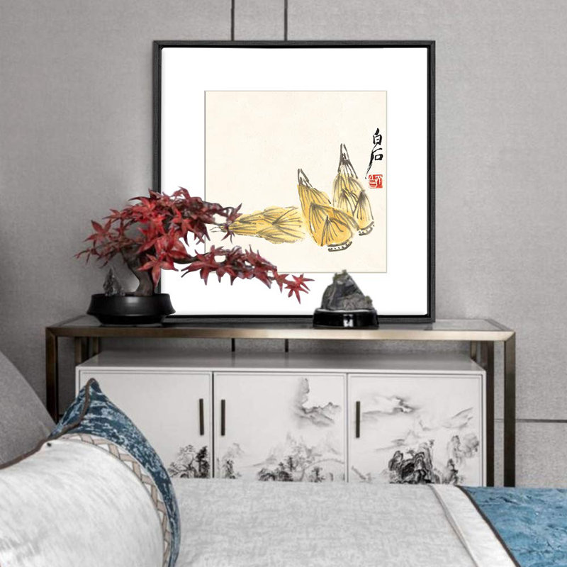 Aquarelle chinoise fleurs jaunes encadrées sur toile, H 16 po x l 16 po