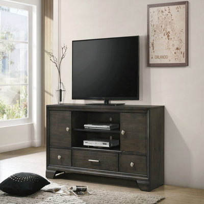 Contemporary TV Stand 1Pc Rich Dark Finish Metal Hardware Sliding Doors Open Shelves Lower Drawers Wooden Living Room Furniture Brown