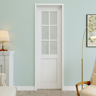 Porte pré-suspendue intérieure en verre givré 24-x 80 po 6-Lite avec charnières argentées, dalle de porte en verre d'intimité, peignable et imperméable, combinaison pour la lessive, portes de placard, portes de pièce, droite