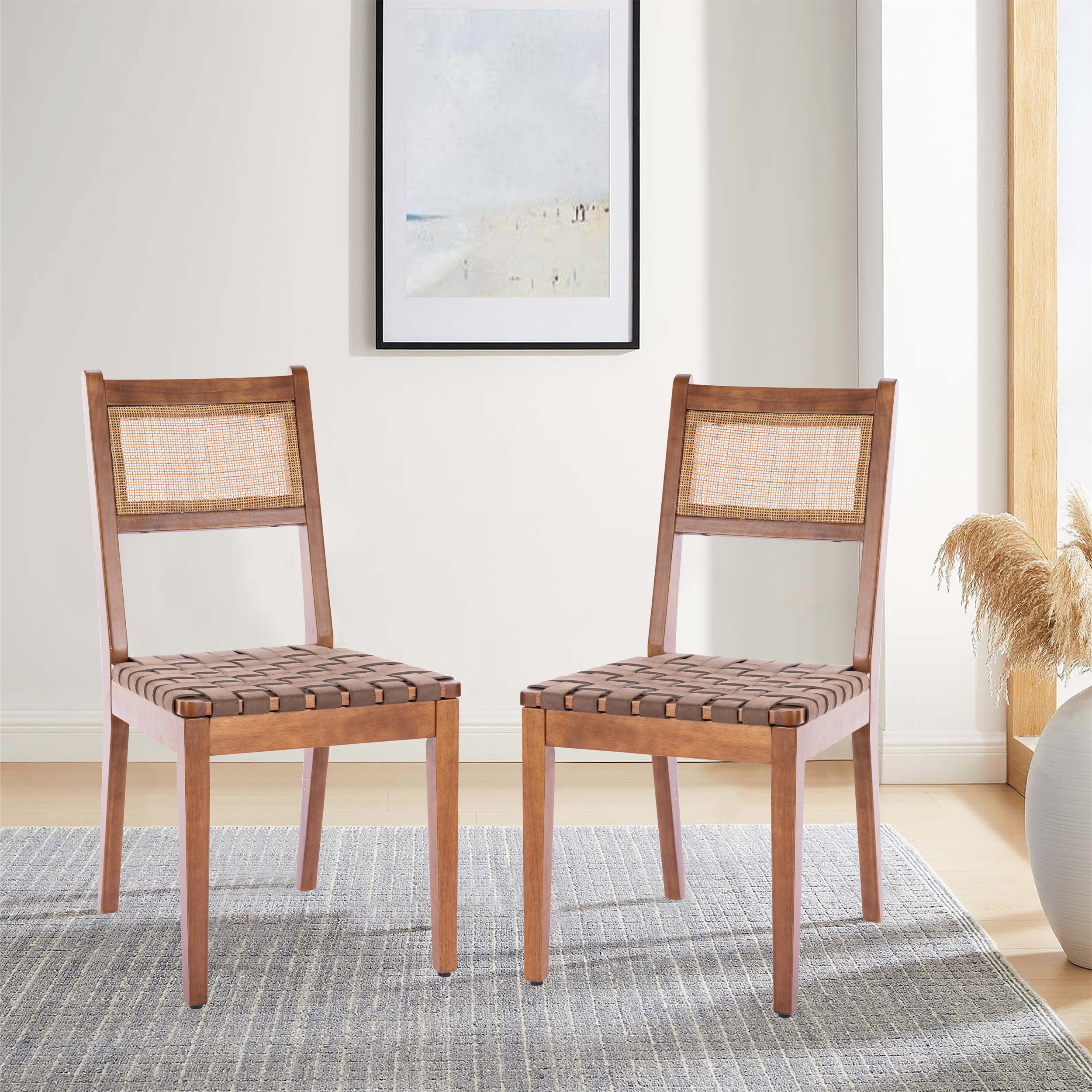 Bayou Breeze Rattan Leather Woven Strips Kitchen Dining Chair