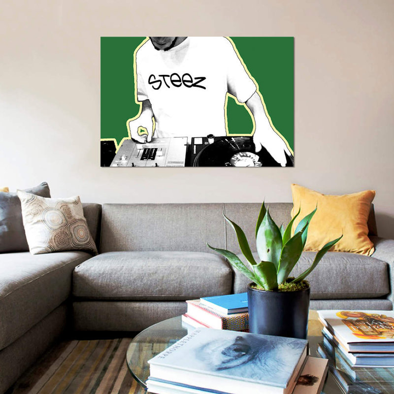 « dj », impression sur toile, H 12 po x l 18 po x P 1,5 po, Toile tendue, Pas de tapis