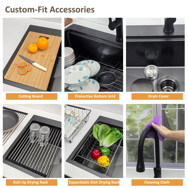 33" L x 19" W Drop-In 16 Gauge Black Stainless Steel Single Bowl Workstation Kitchen Sink with Accessories