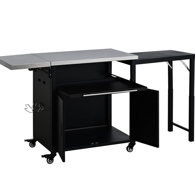 Chariot de barbecue pliable avec deux plateaux, gestion des déchets et solution de rangement pour l'extérieur