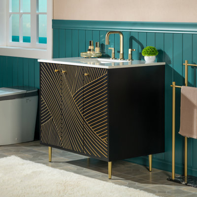 Eden 36" Modern Bathroom Vanity with White Engineered Stone Top, Undermount Sink & Hand-Painted Black/Gold Accents – Space-Saving Thin-Leg Design, Ideal for Small Bathrooms