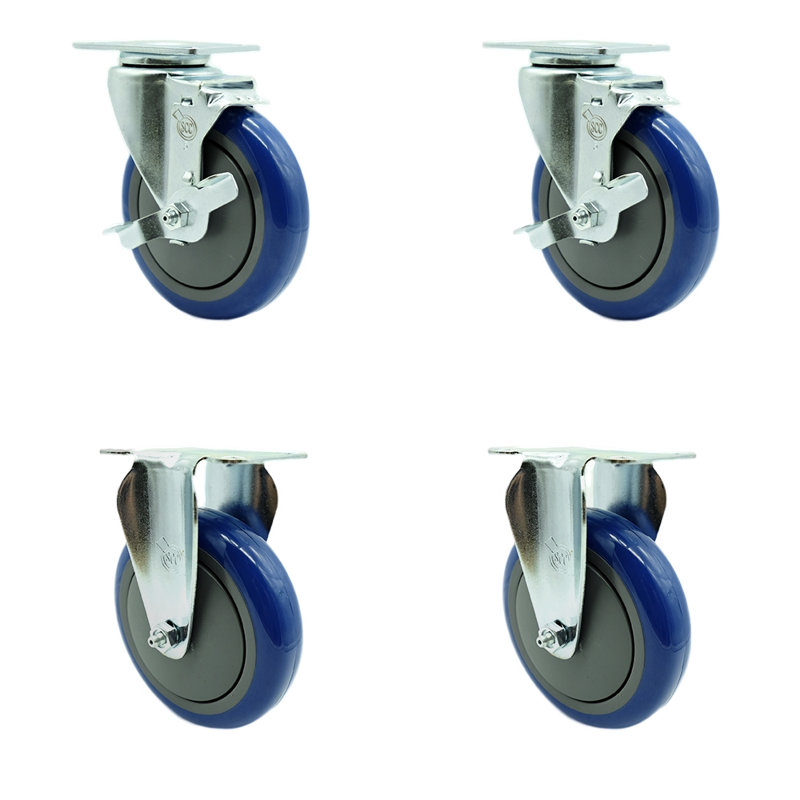 SS Polyurethane Top Plate Caster Set with 2 Brake 2 Rigid SCC, Blue