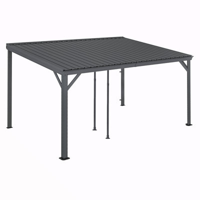 10 po x 14 pi Lean To Gazebo, pavillon de jardin mural à toit rigide avec toit en acier galvanisé incliné, abri robuste renforcé avec système de drainage pour terrasse, porche et cour arrière