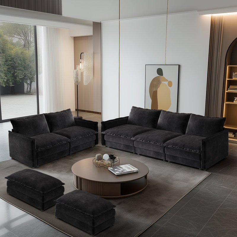  5-Seat Modular Sectional Sofa Set With Reversible Ottomans, 109" 3-Seat Sofa + 75" Loveseat, Velours côtelé beige