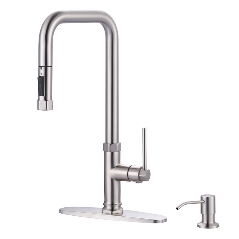 ARCORA Single Handle Pull Down Kitchen Faucet with Soap Dispenser and Deck Plate, Brushed Nickel