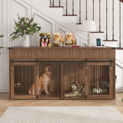 Furniture Style Double Dog Crate With 3 Fluted Drawers And Waterproof Walnut Woodgrain Tabletop, Large Dog Kennel Furniture With Type-C Power Outlet & Rotating Feeders For Heavy Duty Dogs