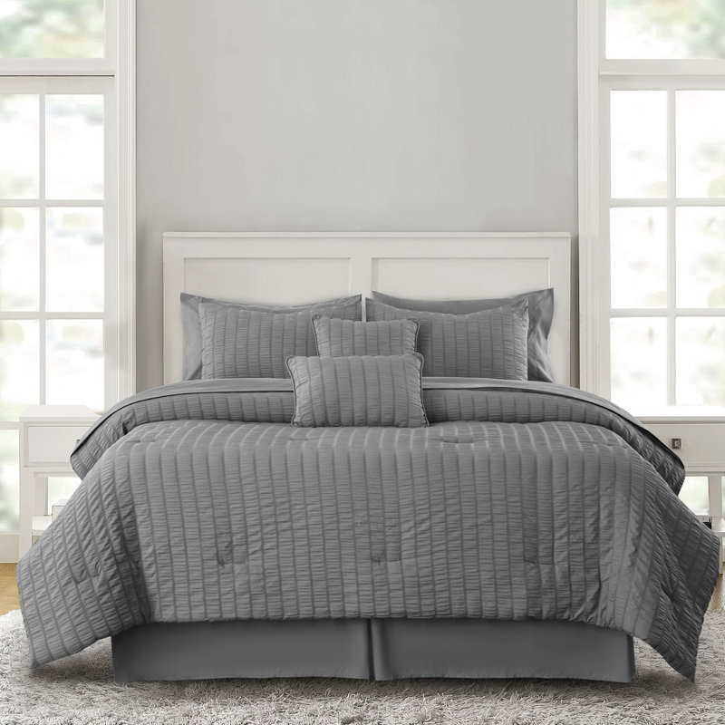 10 Pcs MF Comforter Set Bed in a Bag for All Seasons Seersucker Lightweight Comforter Set with Sheets, Gray