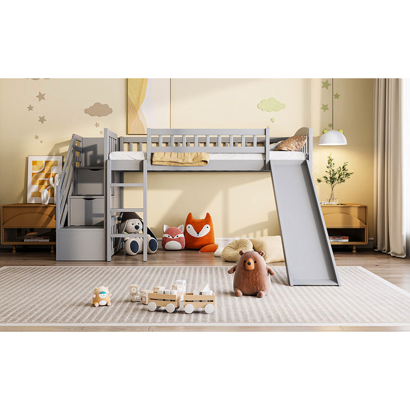 Twin Size Stairway Loft Bed With Two Drawers And Convertible Slide, Gray, Maximized Space, Pine Wood Frame, Full - Length Guardrails, Suitable For 6 + Years Old Gray Material, No Box Spring,