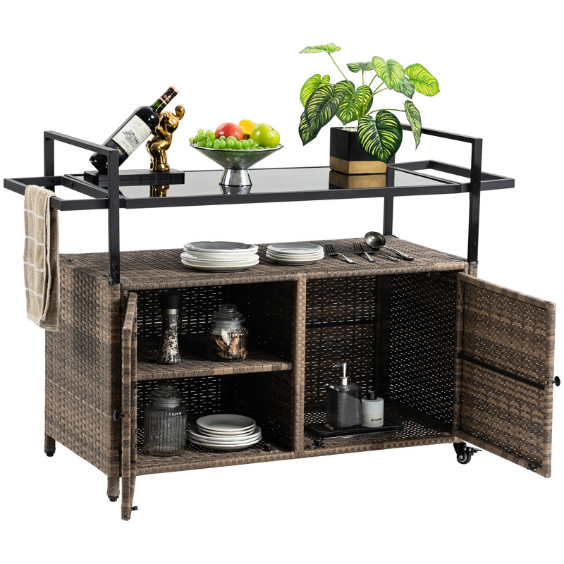 Outdoor Drink Counter With Wheels And Stylish Glass Top - Brown For Garden Poolside Snack Table Elegant Poolside,
