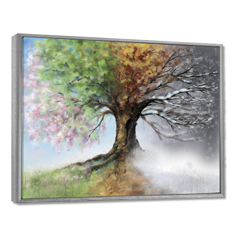 Arbre sur toile, impression de nature quatre saisons - Arbre avec quatre saisons, Reproduction avec cadre flottant, Argent