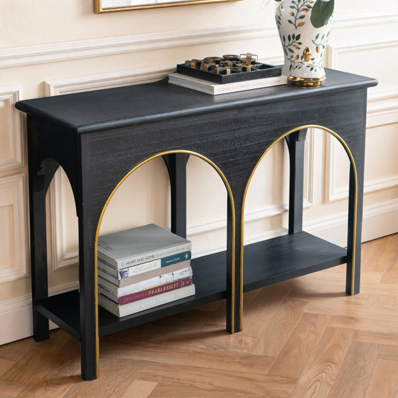 Black Wooden Console Table with Gold Accents and Arched Design for Hallway Living Room Entryway Decor