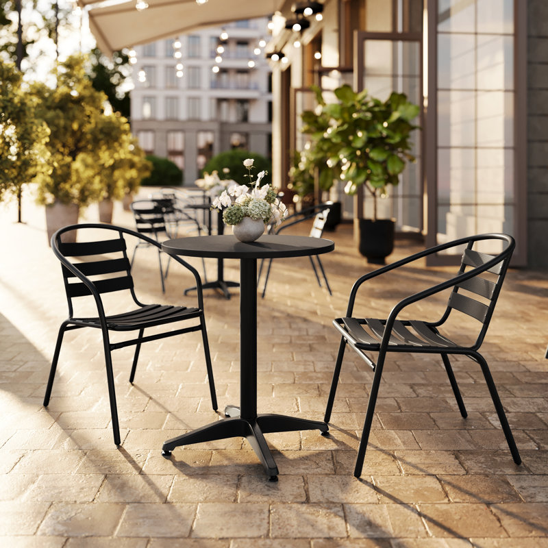 Moraal Round Aluminum Indoor-Outdoor Table Set with 2 Slat Back Chairs, 27.25" H x 23.5" W x 23.5" D, Black