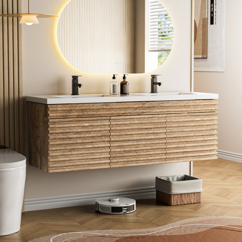 60" Wall Mounted Double Sink Bathroom Vanity with Resin Sink Top, Faucet, Farmhouse Bathroom Cabinet, 60"