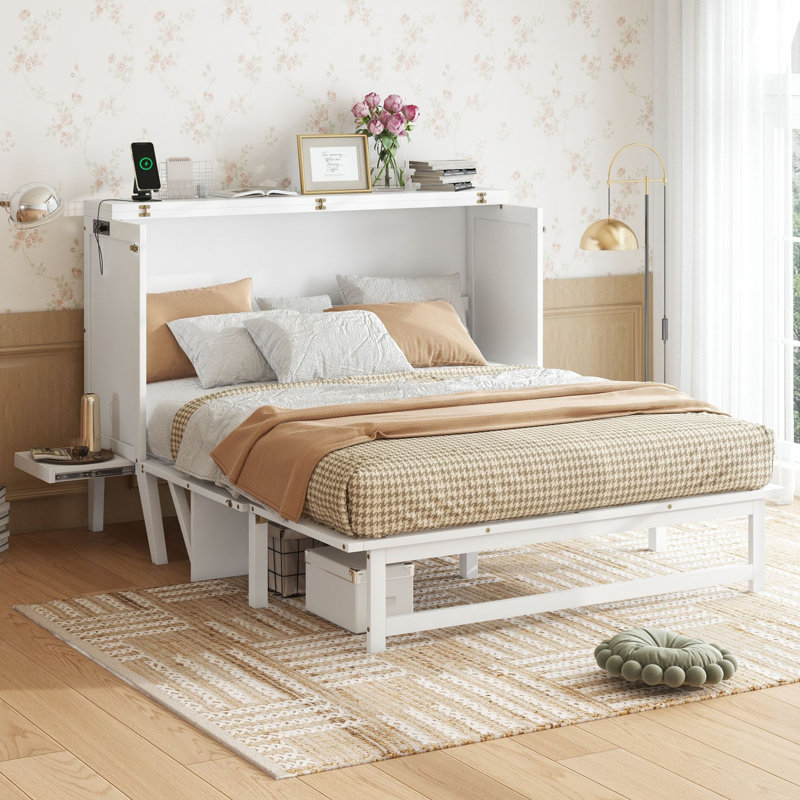 Lit escamotable en bois massif avec chargeur intégré et tablettes amovibles, Grand lit, Blanc