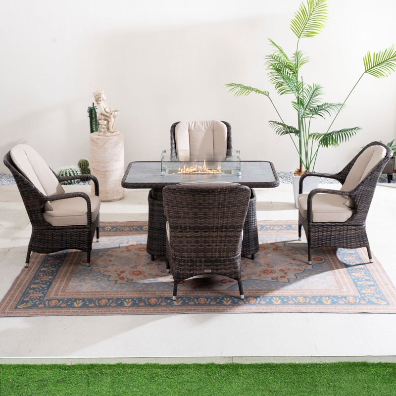 4 - Person Wicker Patio Dining Set with Rectangular Table, Brown, Beige