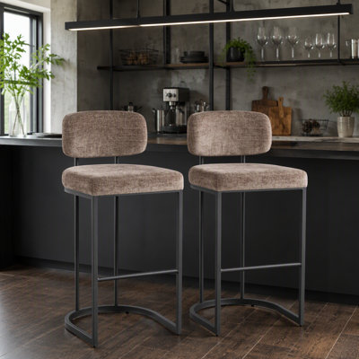 Tabouret de bar à hauteur fixe en métal noir et tissu brun - ensemble de 2