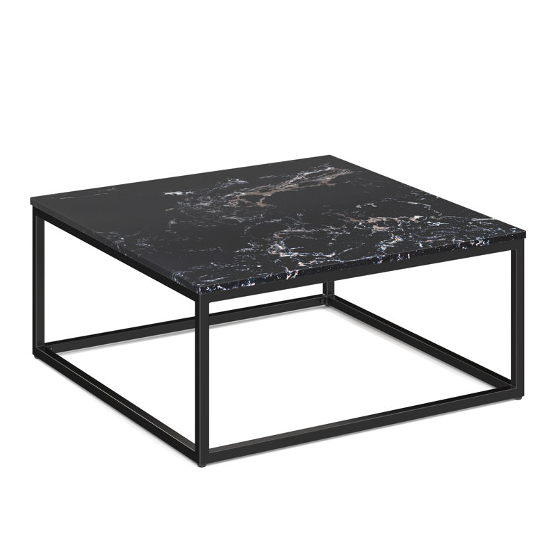  36'' Square Quartz Top Coffee Table with Black Metal Base, Black Quartz