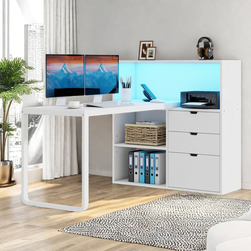 Inbox Zero L Shaped Computer Desk With Power Outlets & LED Lights