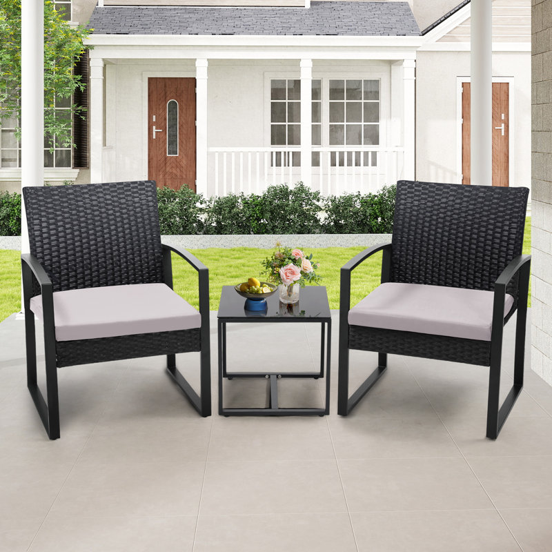 3 Piece Wicker Patio Bistro Set with Coffee Table, Outdoor Rattan Conversation Set for Balcony Porch Garden Yard Poolside