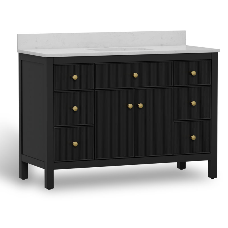 Ensemble de meuble-lavabo simple 48 po avec plateau en pierre d'ingénierie Dee, lavabo en céramique Dee, Noir / or