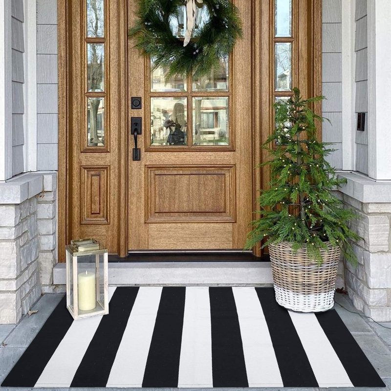 Tapis noir et blanc 27,5 x 43 po à rayures devant la porte d'entrée Tapis lavable pour l'intérieur en coton Paillassons pour l'extérieur