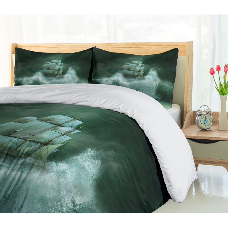 Queen Dark Green Pirate Ship 3-Piece Microfiber Duvet Cover Set